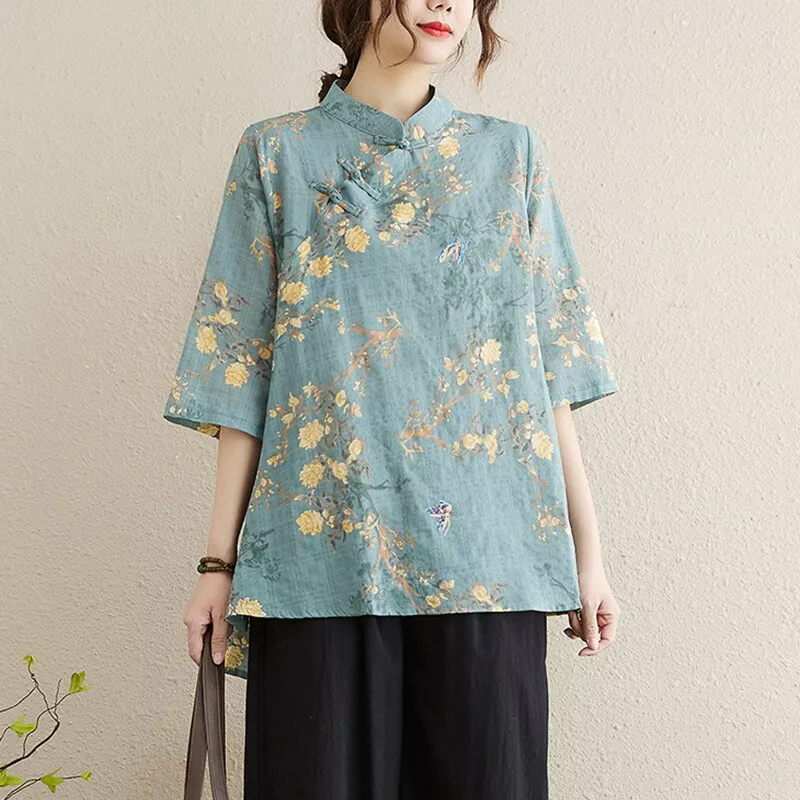 Retro Women Chinese Style Top Floral Shirt Blouse Mandarin Collar Casual Ethnic