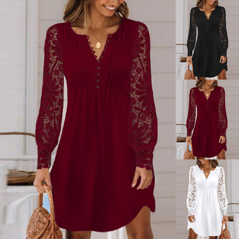 Women Lace Floral Mini Dress Ladies Button V Neck Long Sleeve Swing Shirt Dress