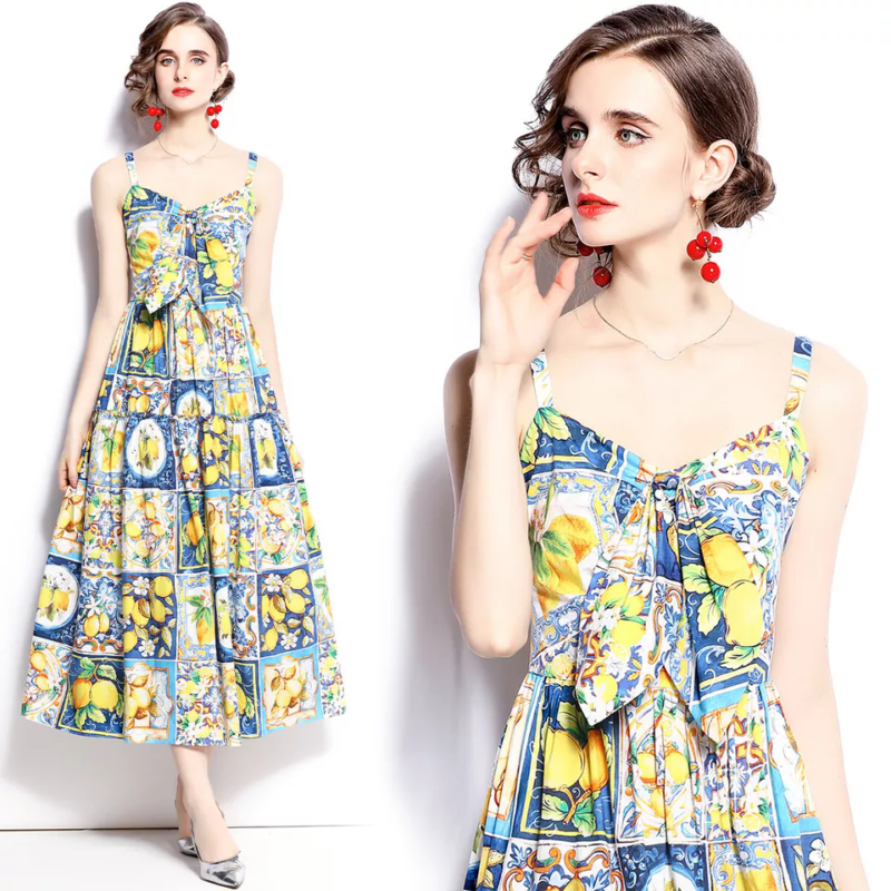 Baroque Lemons Print V Neck Bow Tie Spaghetti Straps Women Midi Long Sundresses