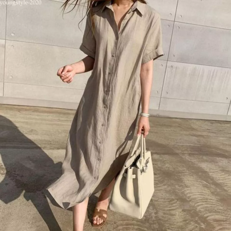 Lady Summer Casual Button-Down Shirt Dress Cotton Linen Long Tunic Beach Kaftan