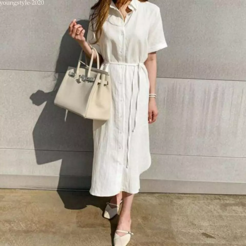 Lady Summer Casual Button-Down Shirt Dress Cotton Linen Long Tunic Beach Kaftan